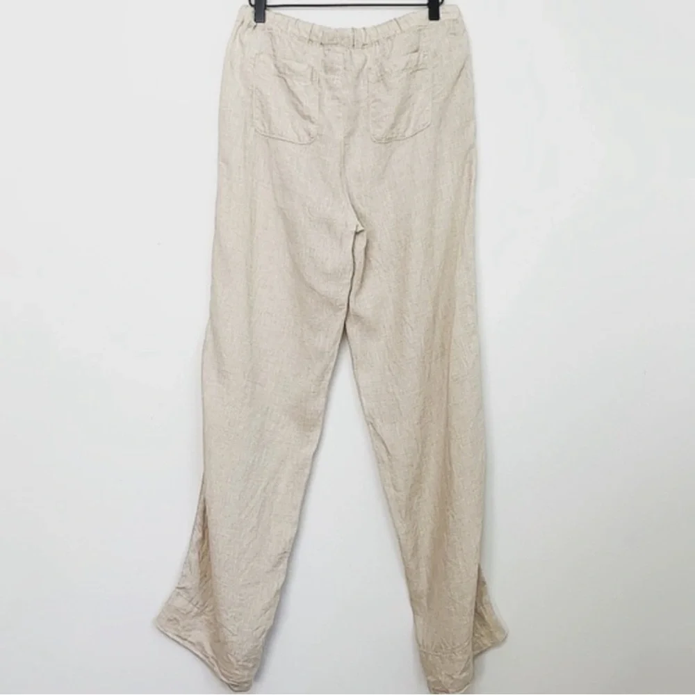 Lord & Taylor 100% linen tan ecru wide leg loose fit long khaki tie waist pants - Picture 3 of 8